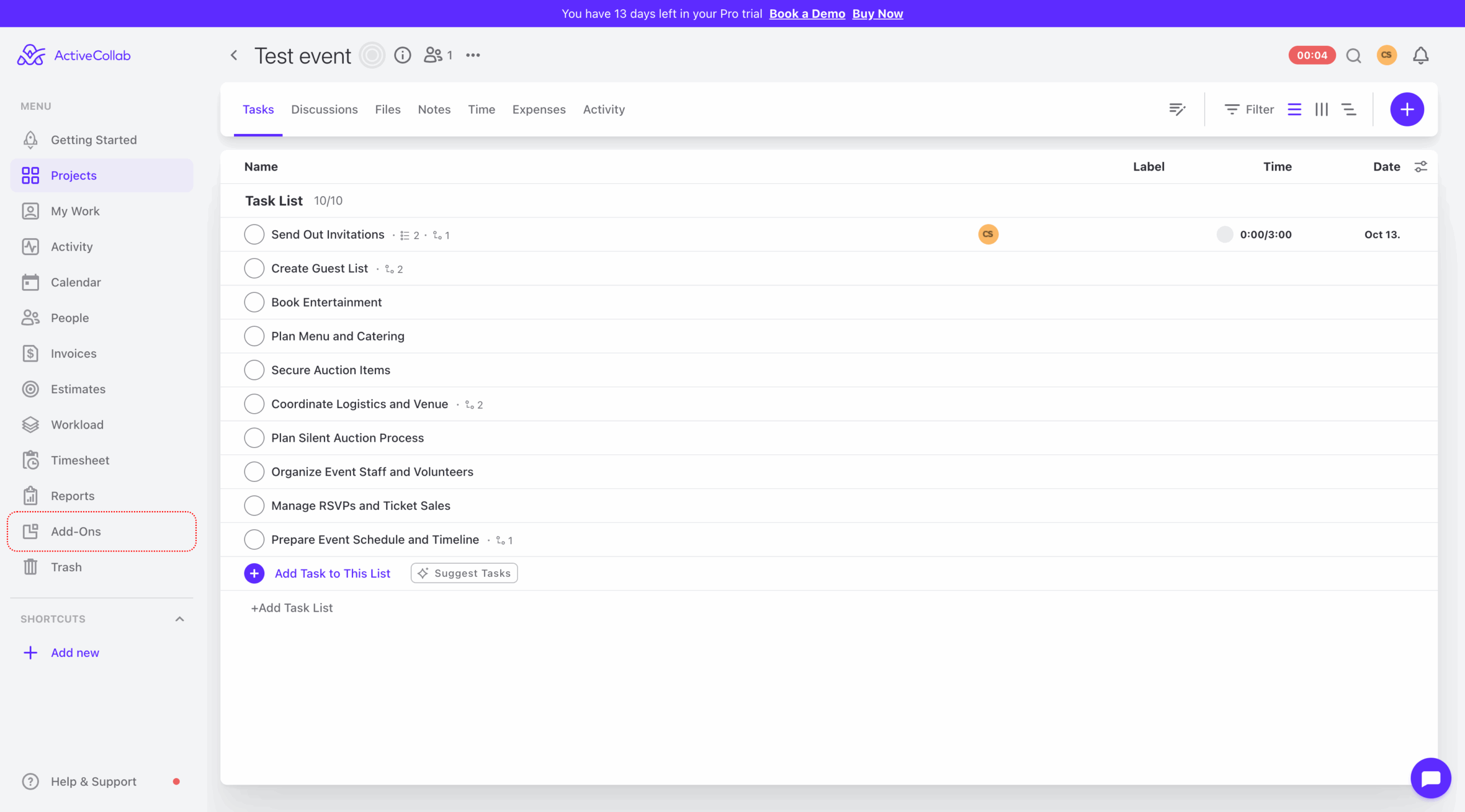 ActiveCollab Event Task List