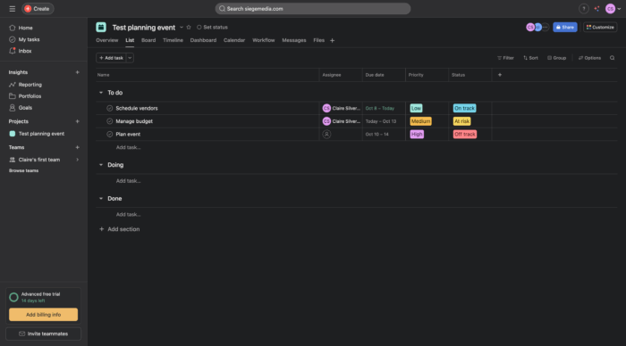 Asana Event Task List View