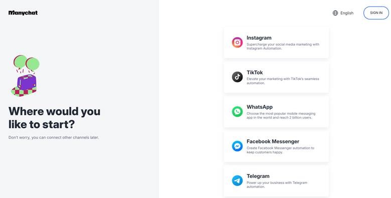 manychat log in page with many platform options of instagram, tiktok, whatsapp, facebook messenger, telegram to choose from