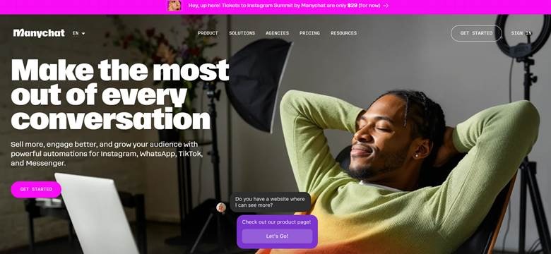 screenshot of manychat website homepage with the words make the most out of every conversation