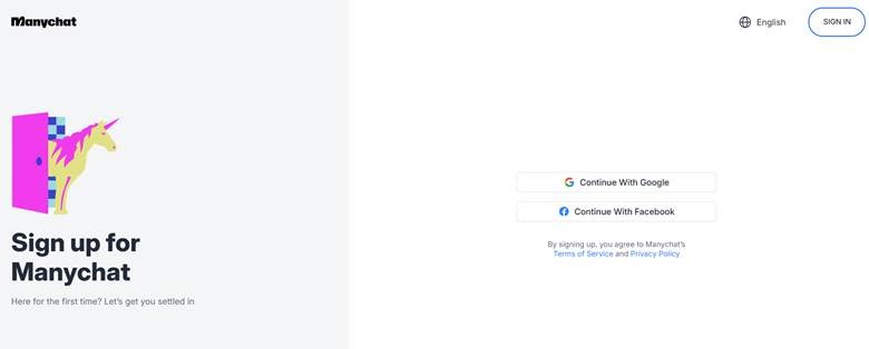 screenshot of manychat signup page