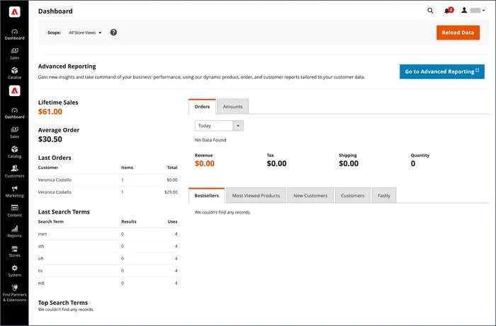 Screenshot of the Magento dashboard, highlighting reporting features that help users understand their business's performance