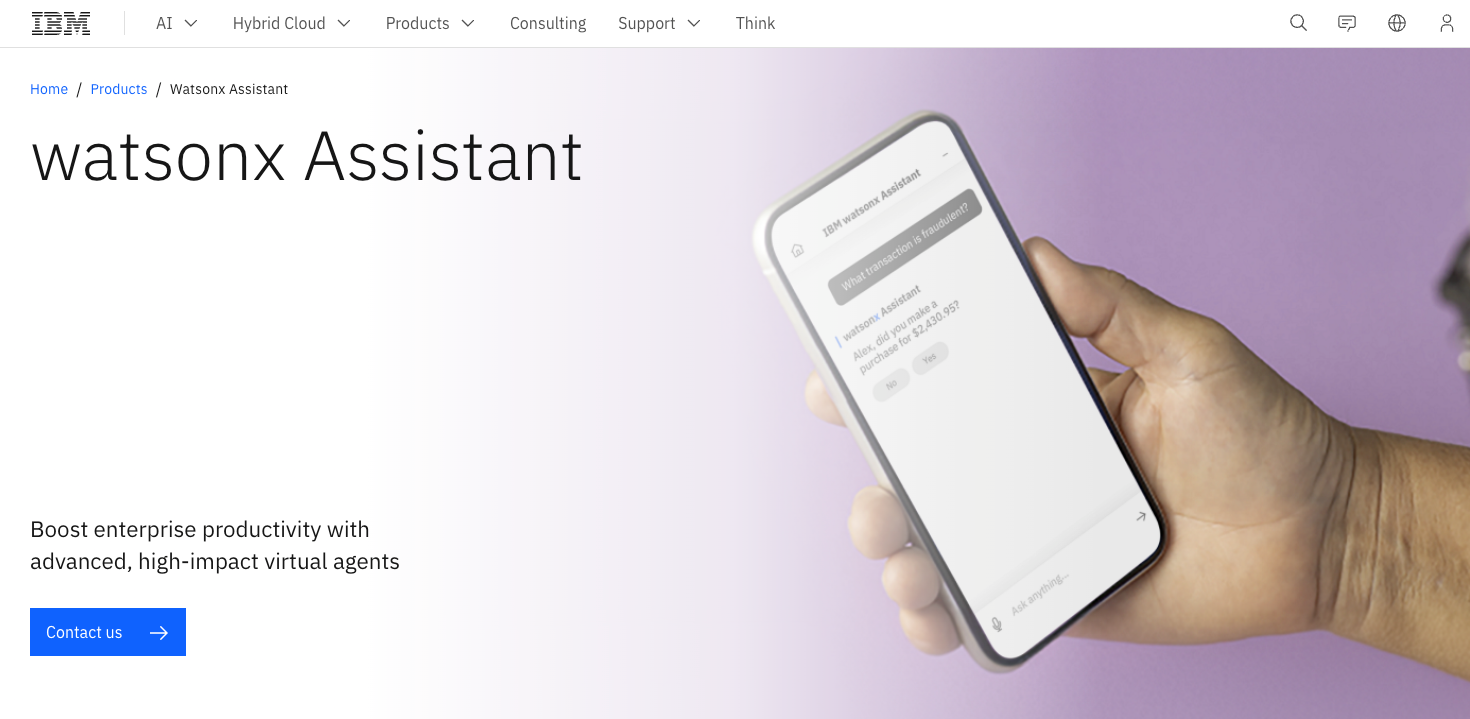 screenshot of IBM watsonx assistant product landing page