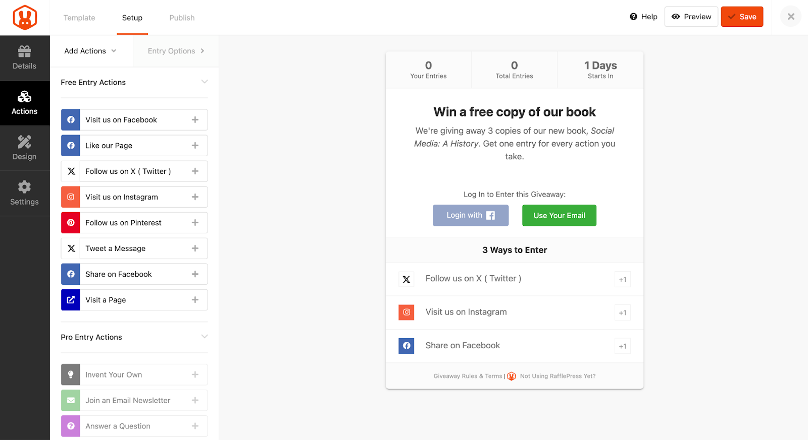 Screenshot of the RafflePress plug-in interface for WordPress, featuring a window with a sample book giveaway promotion