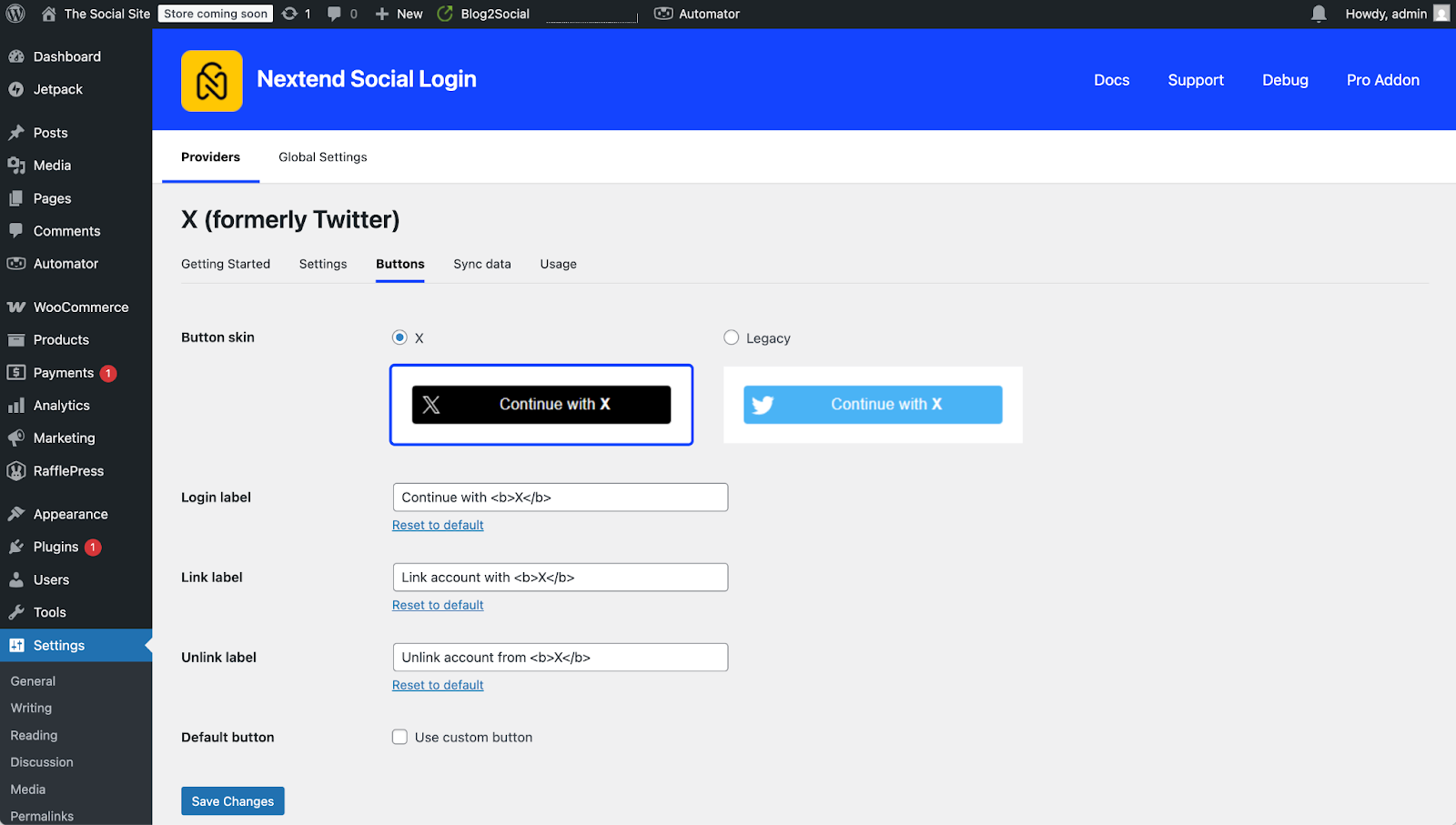 Screenshot of the Nextend Social Login interface, showing options for setting login prompts on your WordPress site