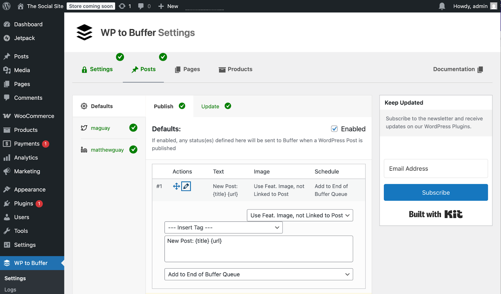 Screenshot of a WP to Buffer settings window