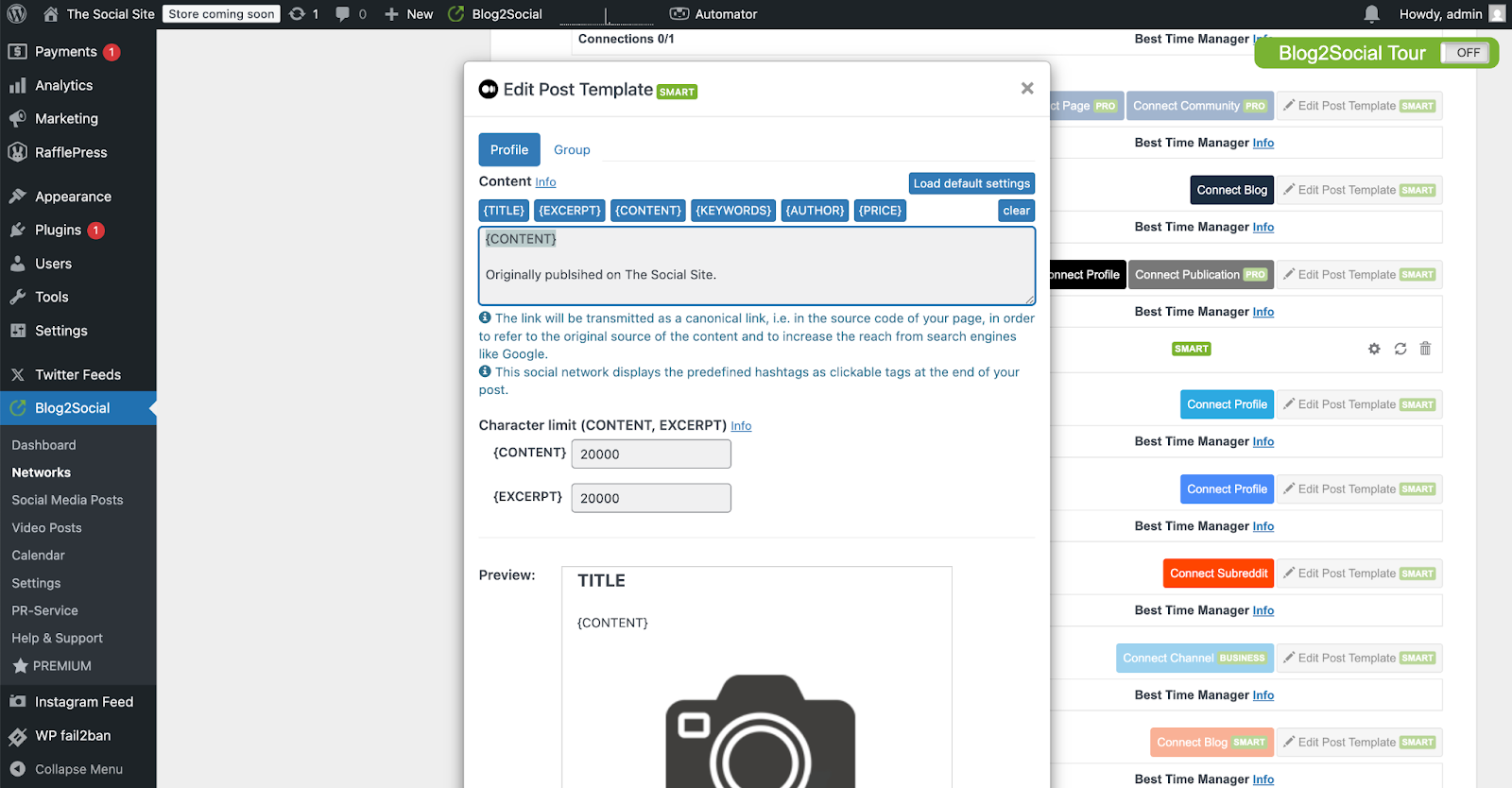 Screenshot of Blog2Social interface, highlighting how to edit a post template