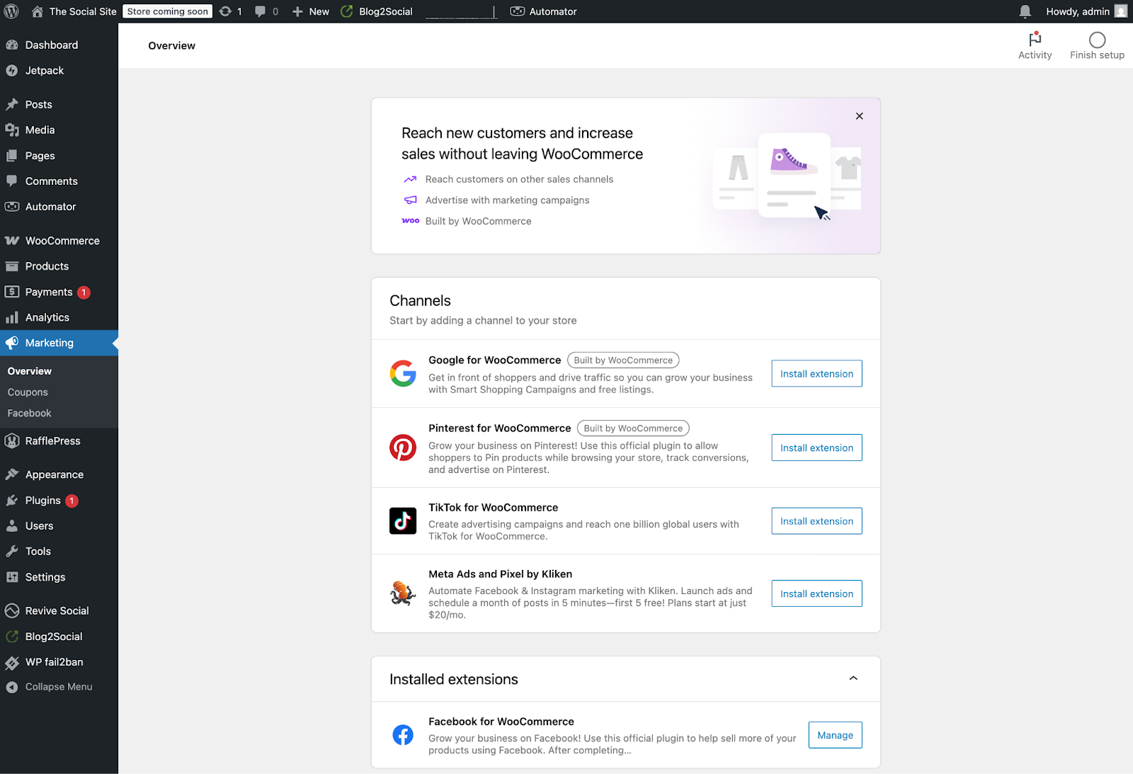 Screenshot of a WooCommerce landing page, highlighting available extensions for various channels
