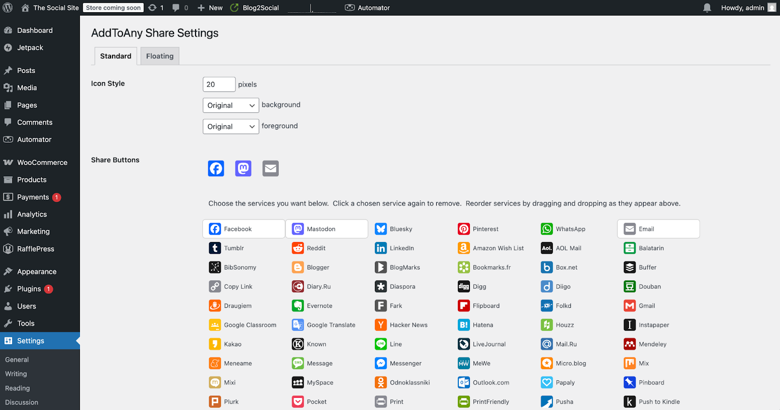 Screenshot of the AddToAny Share Buttons interface, showcasing all the different buttons that can be added to your WordPress site using the plug-in