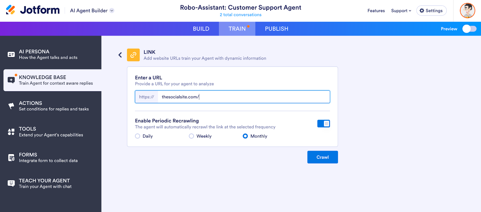 Screenshot of Jotform's AI Agent Builder tool interface, showing how to add URLs to build your knowledge base and train the AI