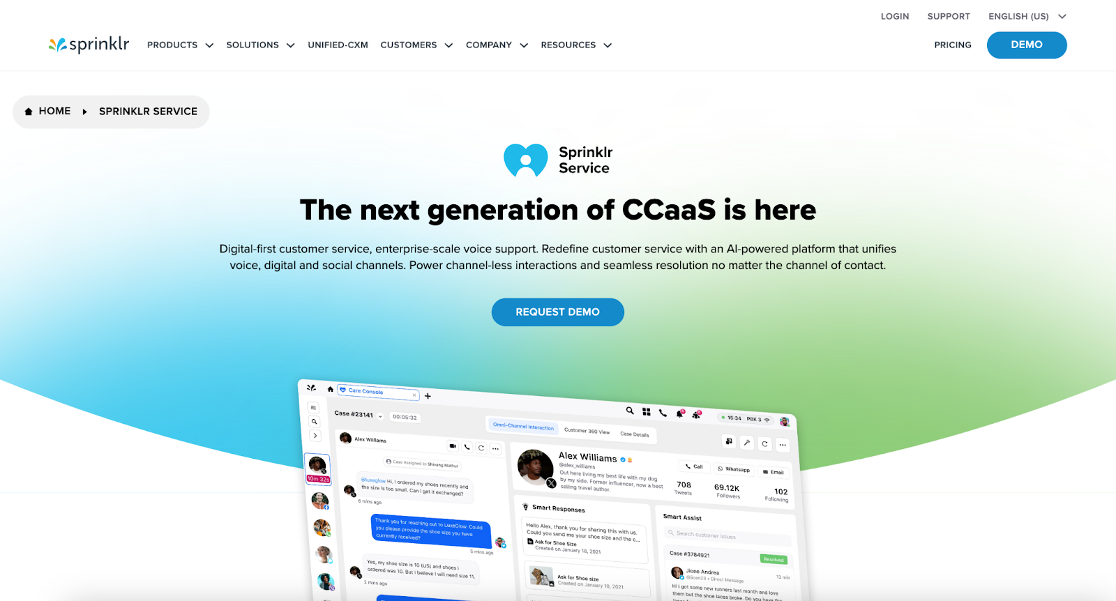 Screenshot of the Sprinklr Service landing page, featuring a button to click to request a demo