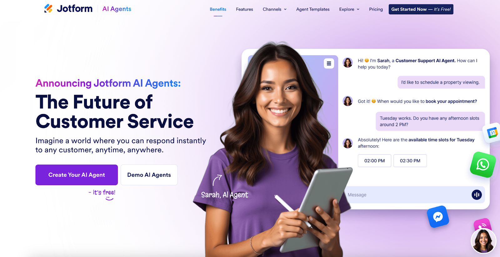 Screenshot of the Jotform AI Agents landing page, featuring a smiling AI agent in front of a sample conversation with a customer