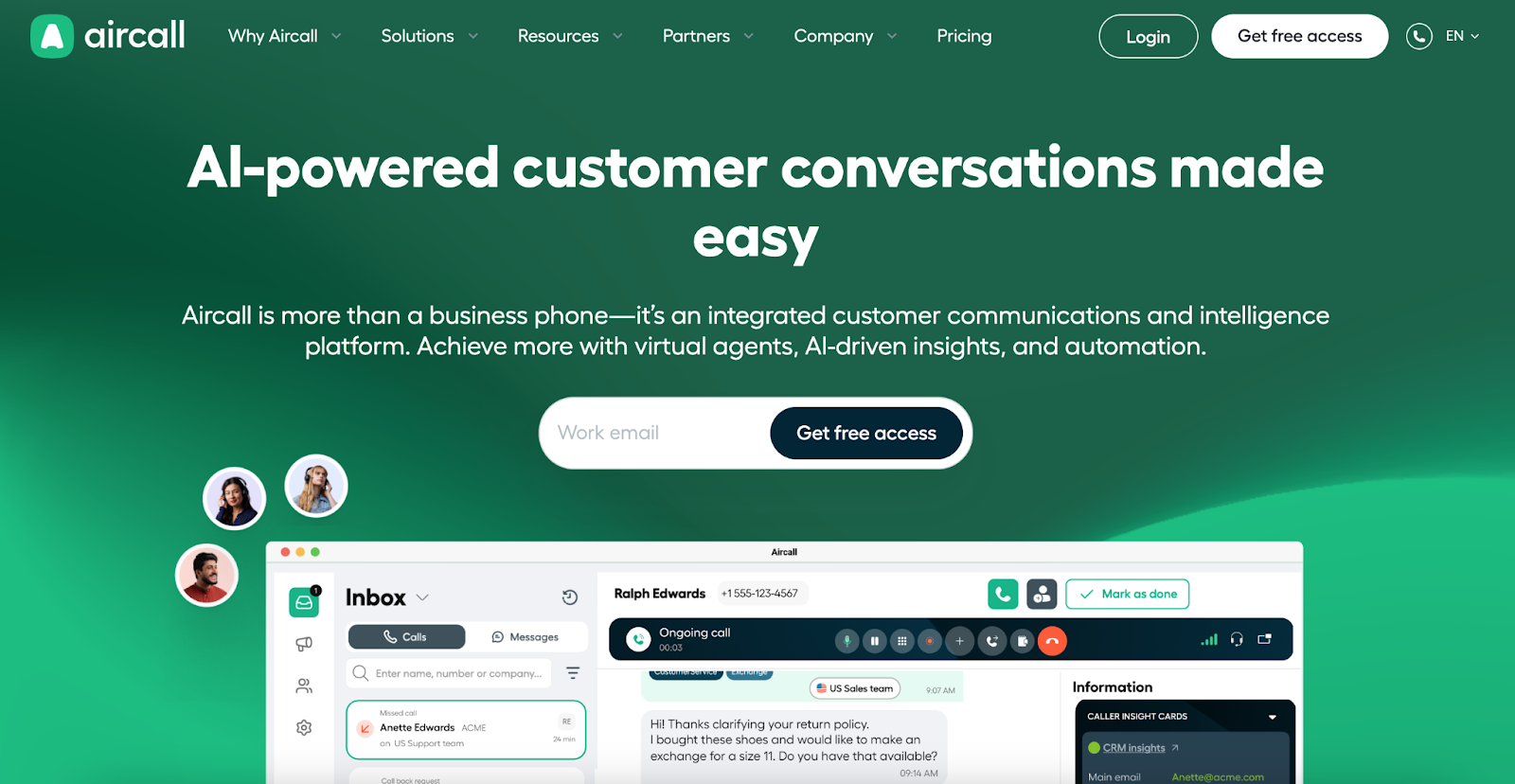 Screenshot of the Aircall homepage, featuring an image of the user interface and a button to click for free access