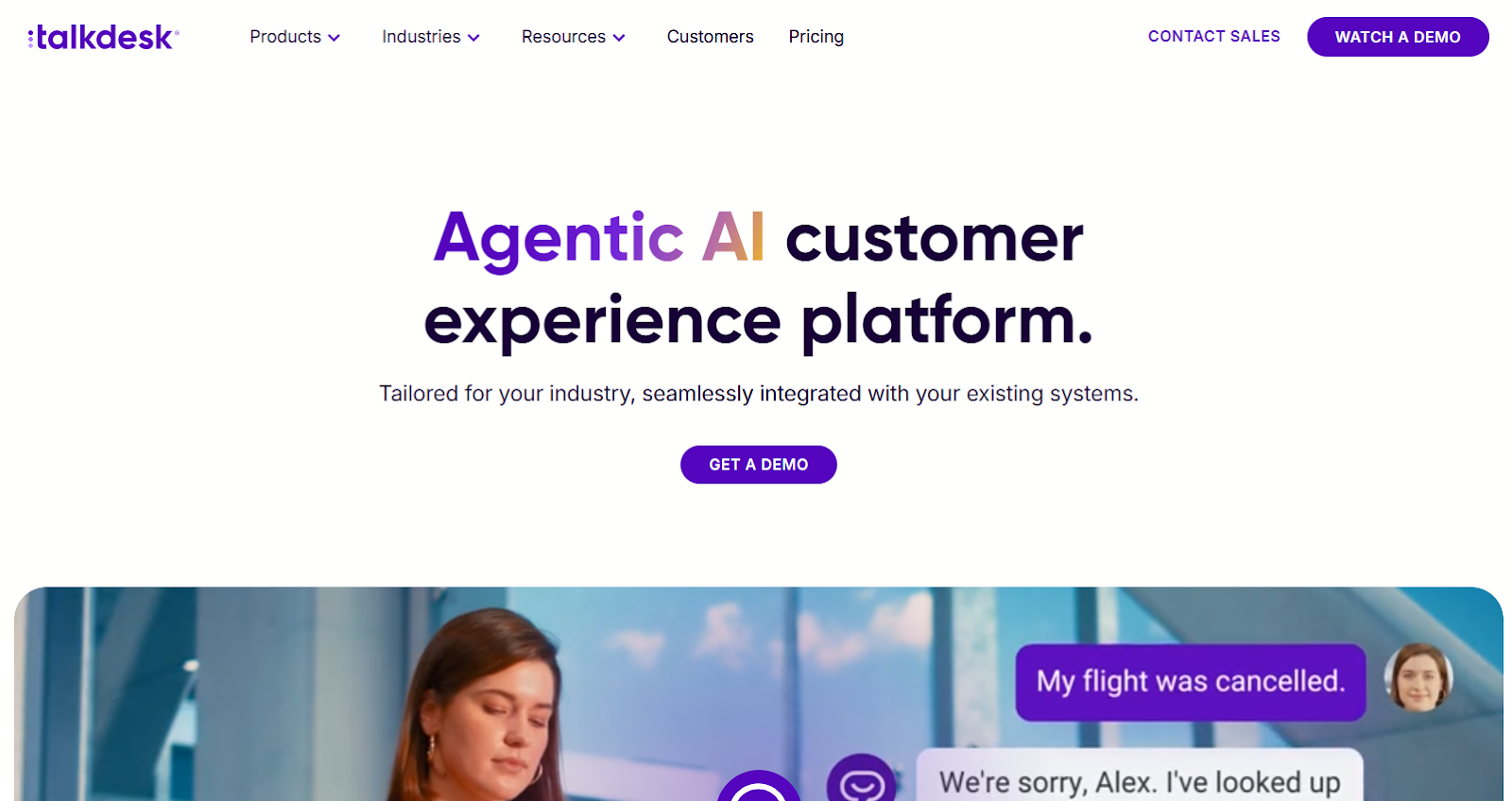 Screenshot of a Talkdesk landing page, featuring a partial AI agent-led customer chat and a button to click for a demo