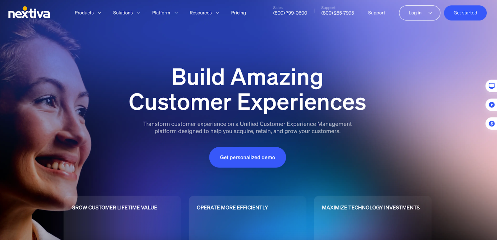 Screenshot of the Nextiva homepage, featuring a smiling customer and a button to click for a personalized demo