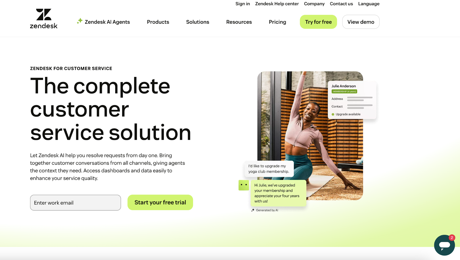 Screenshot of the Zendesk for Customer Service landing page, featuring an image of a sample AI-led customer chat and a button to click for starting a free trial
