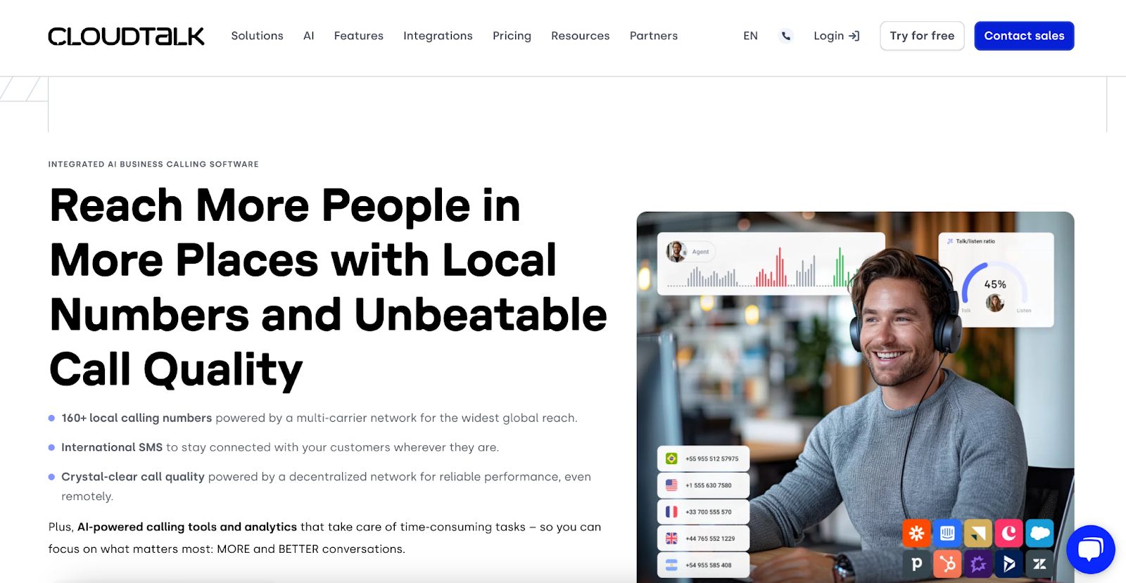 Screenshot of a CloudTalk landing page, featuring facts about its calling software and an image of an AI voice agent