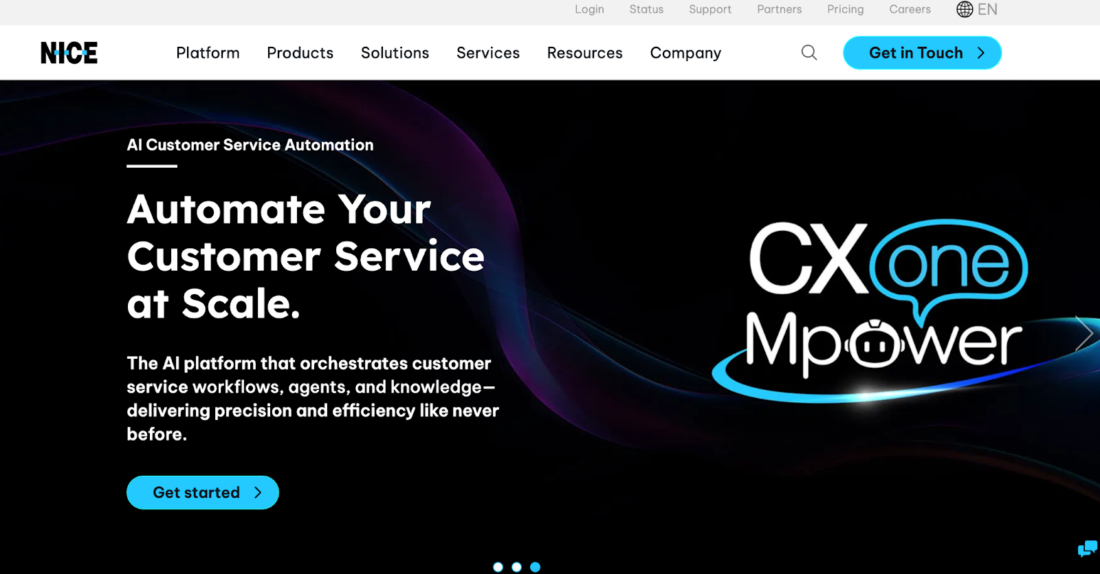 Screenshot of the NiCE CXone Mpower landing page, featuring a button to click to get started