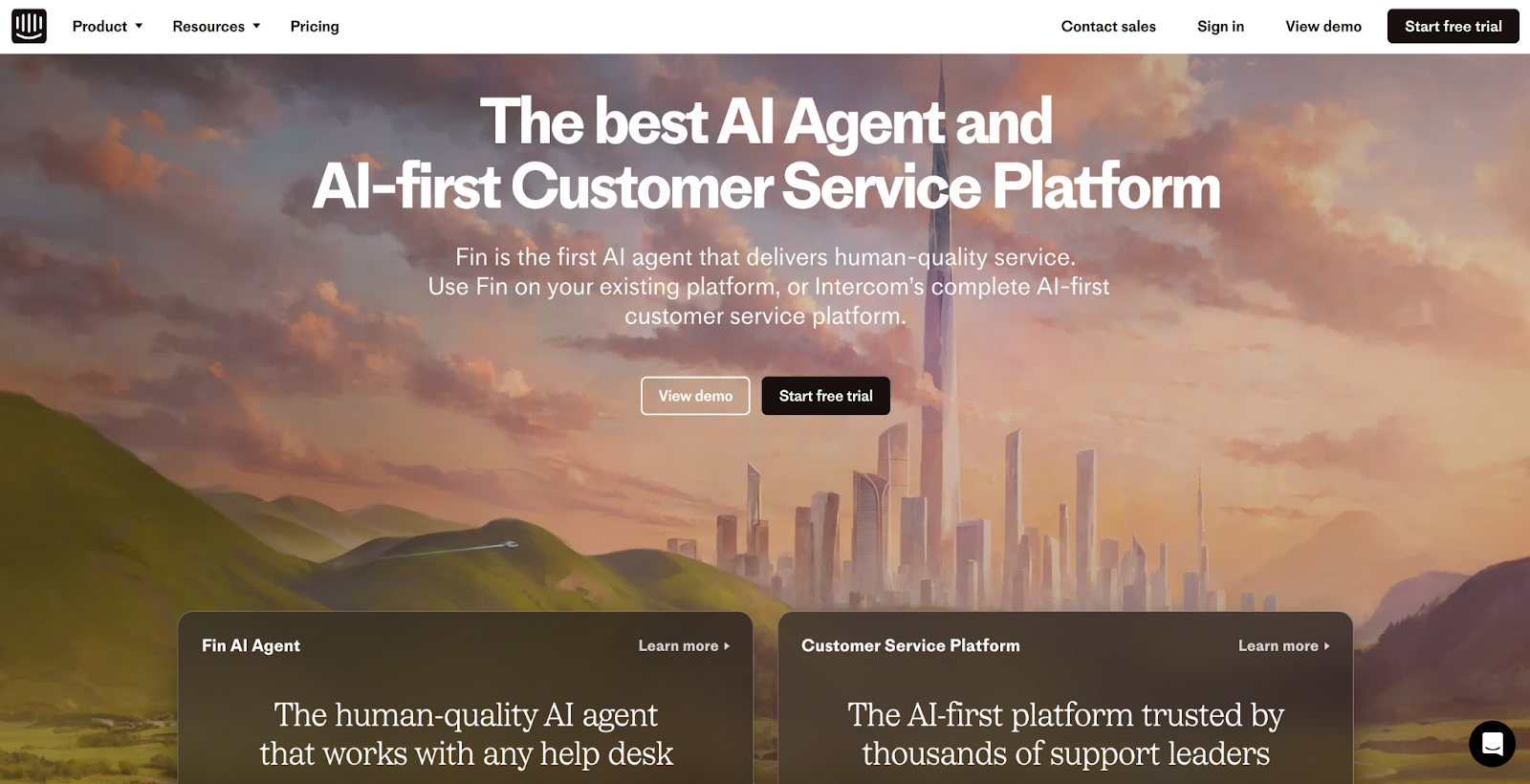 Screenshot of the Intercom homepage, featuring clickable buttons to view a demo or start a free trial