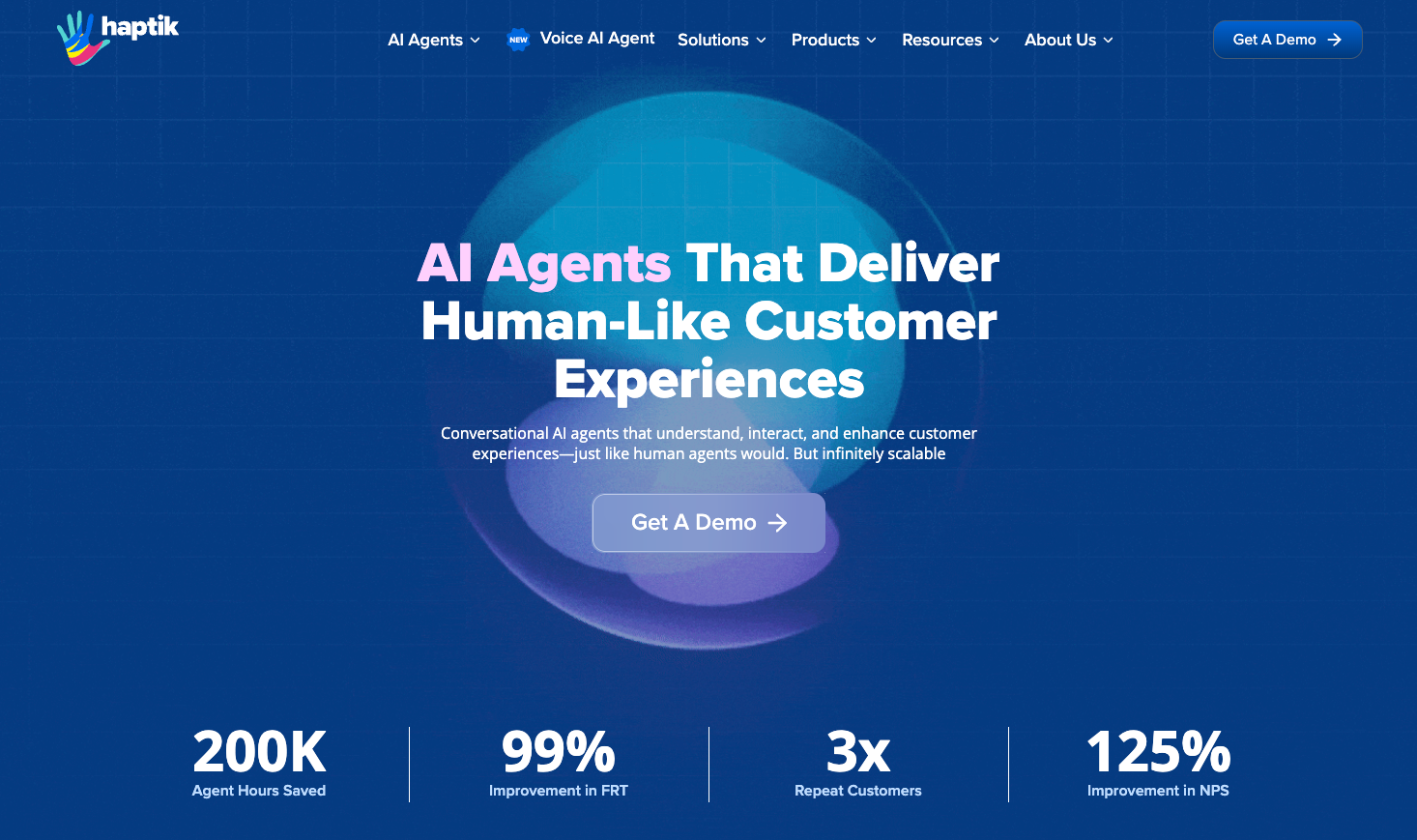 screenshot of Haptik website homepage with the words AI Agents that deliver human-like customer experiences