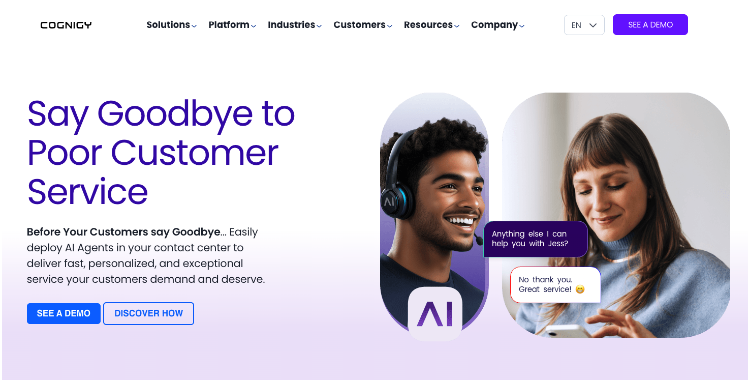 cognigy website homepage screenshot with the words say goodbye to poor customer service
