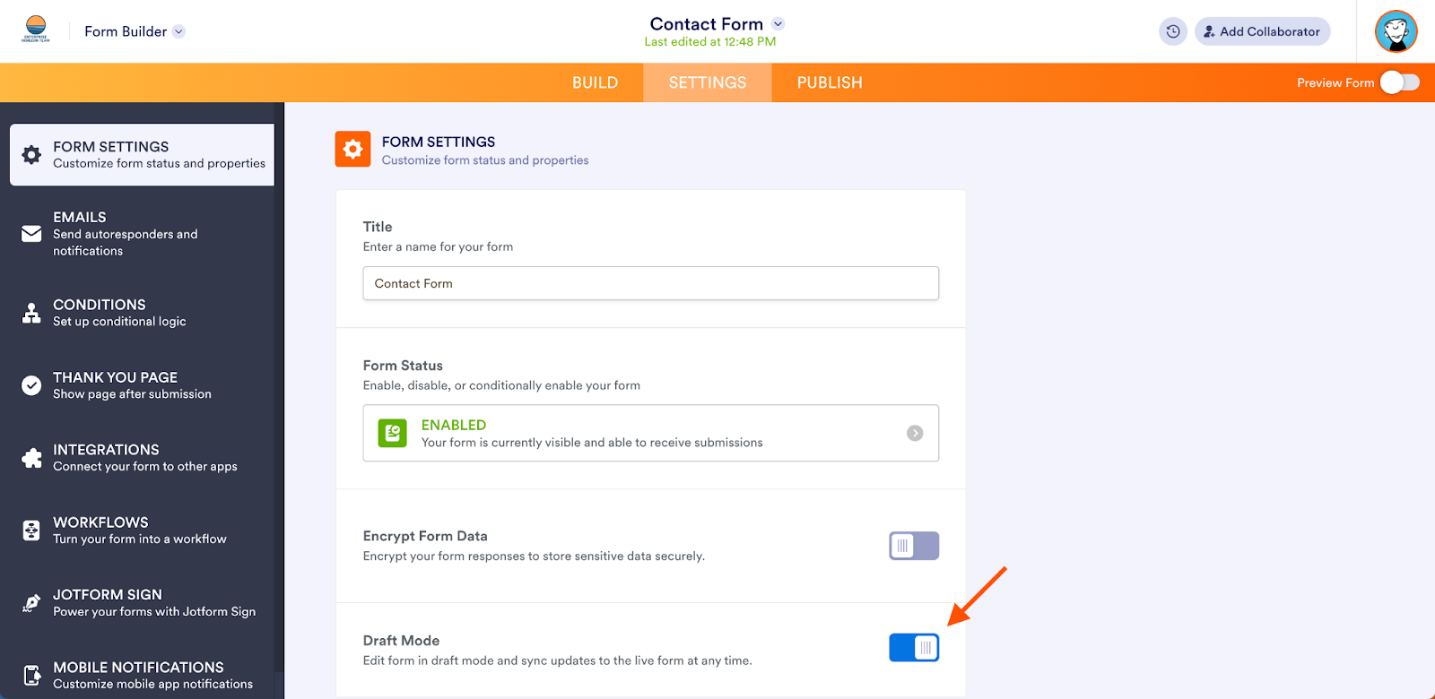 Toggling on the Draft Mode under the Settings tab