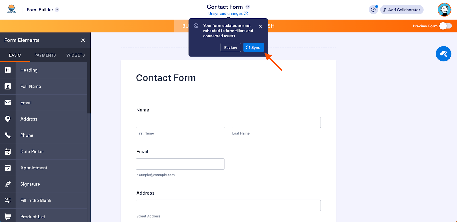 Clicking on the Sync button that appears on the top