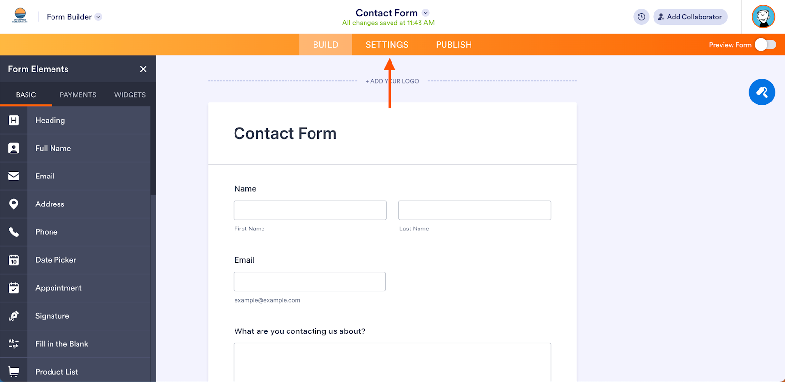Clicking on the Settings tab on the Jotform Form Builder