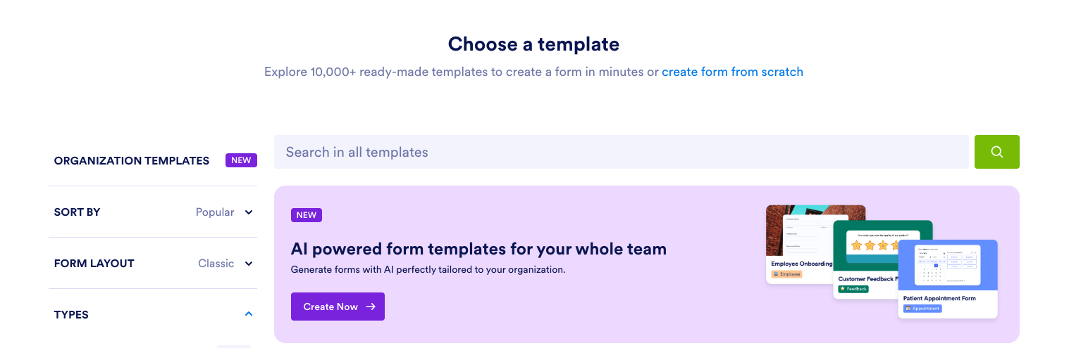 Clicking on the Create Now button under AI-powered form templates for your whole team section