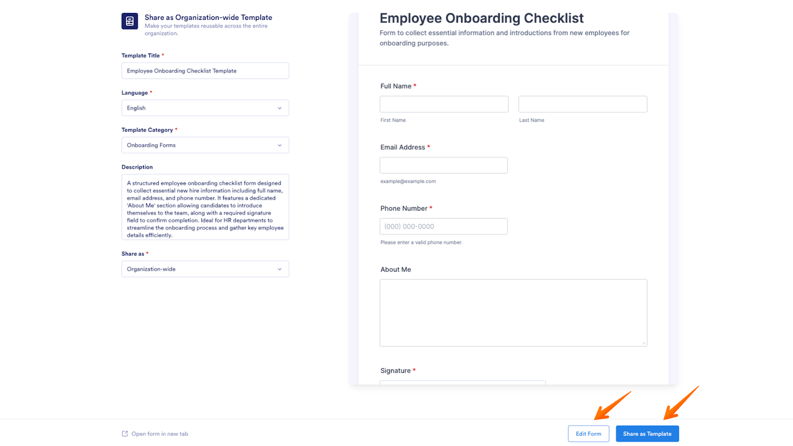 Highlighting the Edit Form and Share as Template options under the template