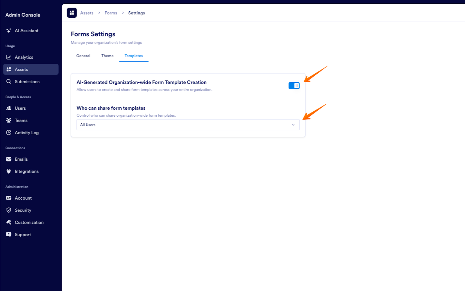 Toggling on the AI-Generated Organization-wide Form Template Creation option and highlighting the Who can share form templates section