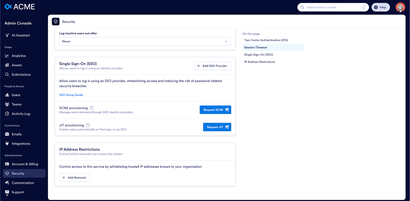 Viewing the Security page under the Administration