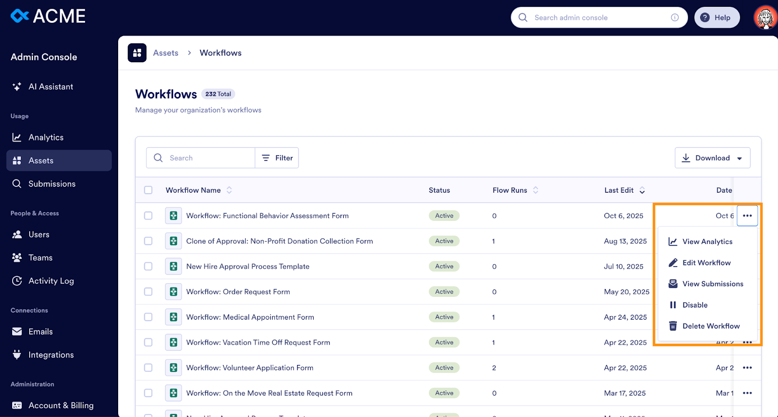 Highlighting the three-dot menu on the right of the asset
