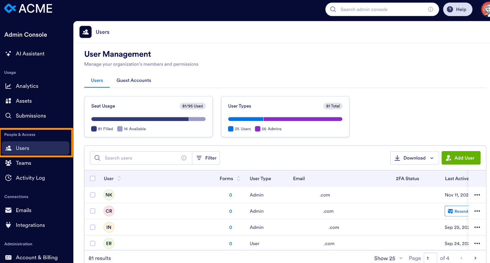 Clicking on the Users tab on the Admin Console