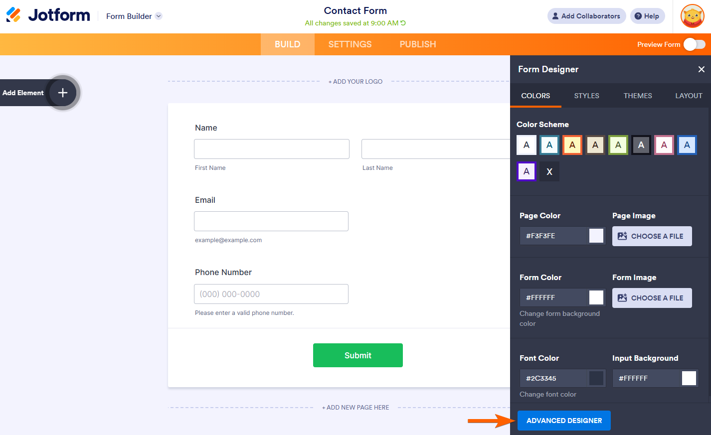 Clicking on the Advanced Designer button under the Form Designer section