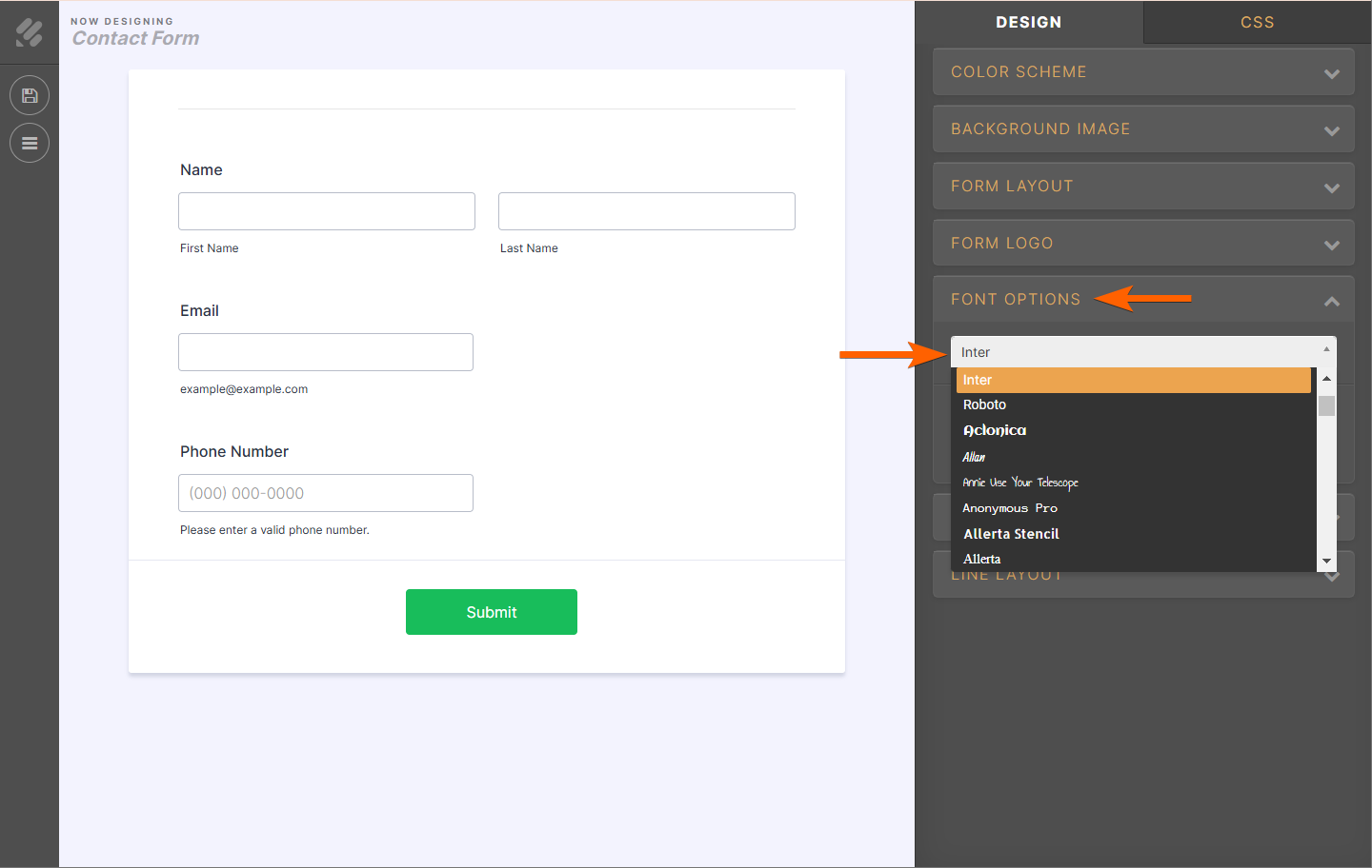 Jotform Form Builder interface showing the Advanced Designer menu, with arrows pointing to the Font Options dropdown and the font options