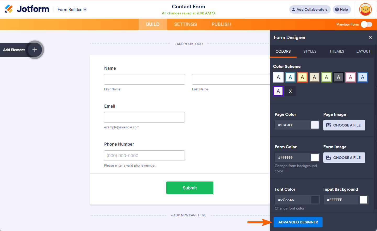 Jotform Form Builder interface showing the Form Designer menu, with an arrow pointing to the Advanced Designer button