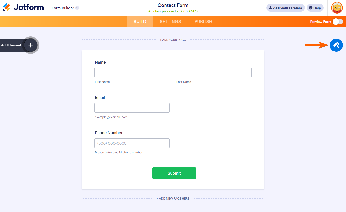 Jotform Form Builder interface with an arrow pointing to the blue paint roller icon