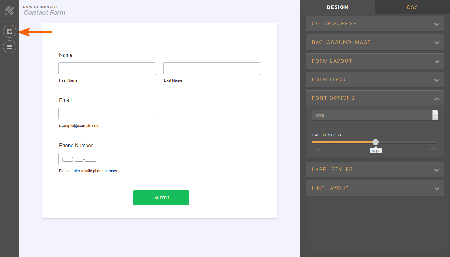 Jotform Form Builder interface showing the Advanced Designer menu, with an arrow pointing to the save icon