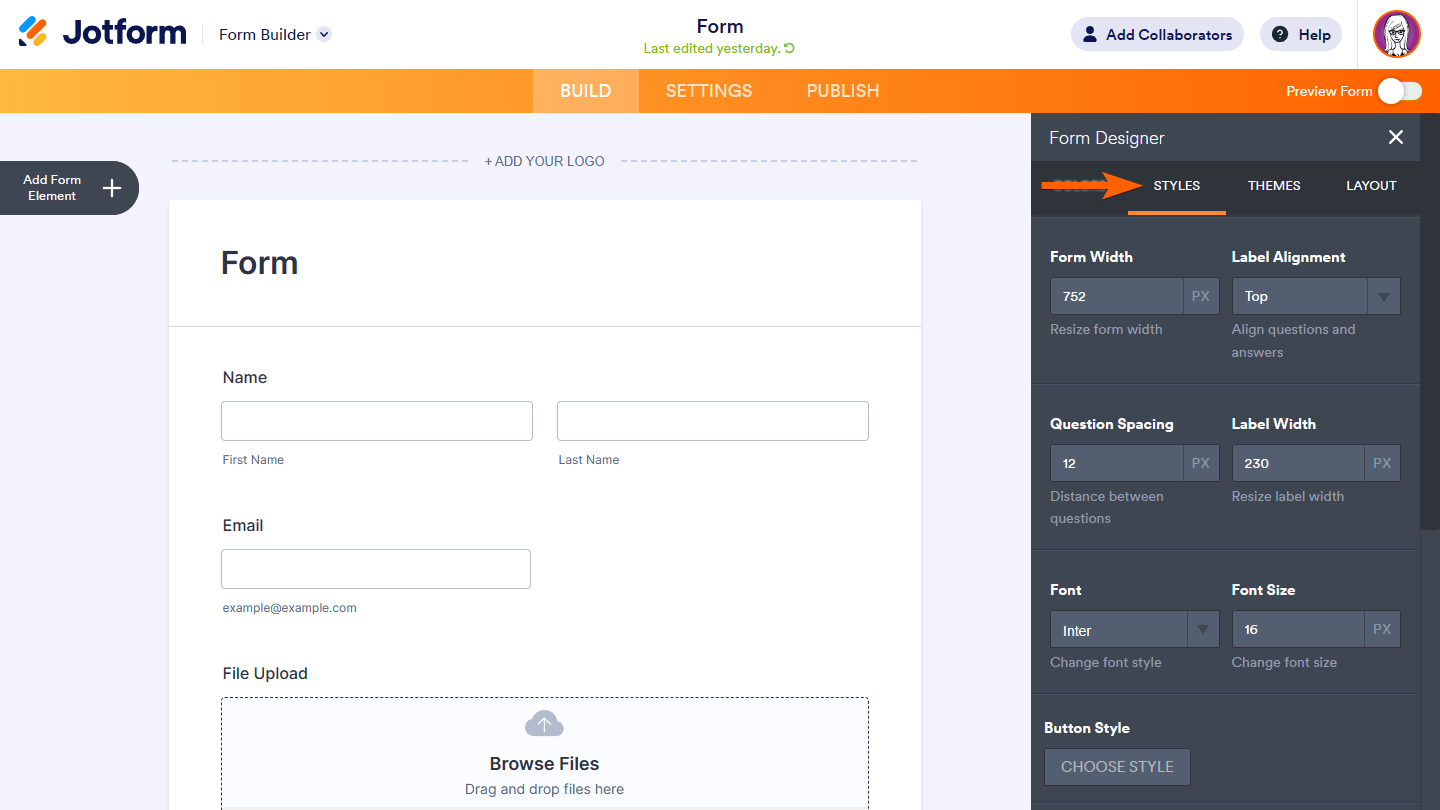 Jotform Form Builder interface showing the Form Designer menu, with an arrow pointing to the Styles tab