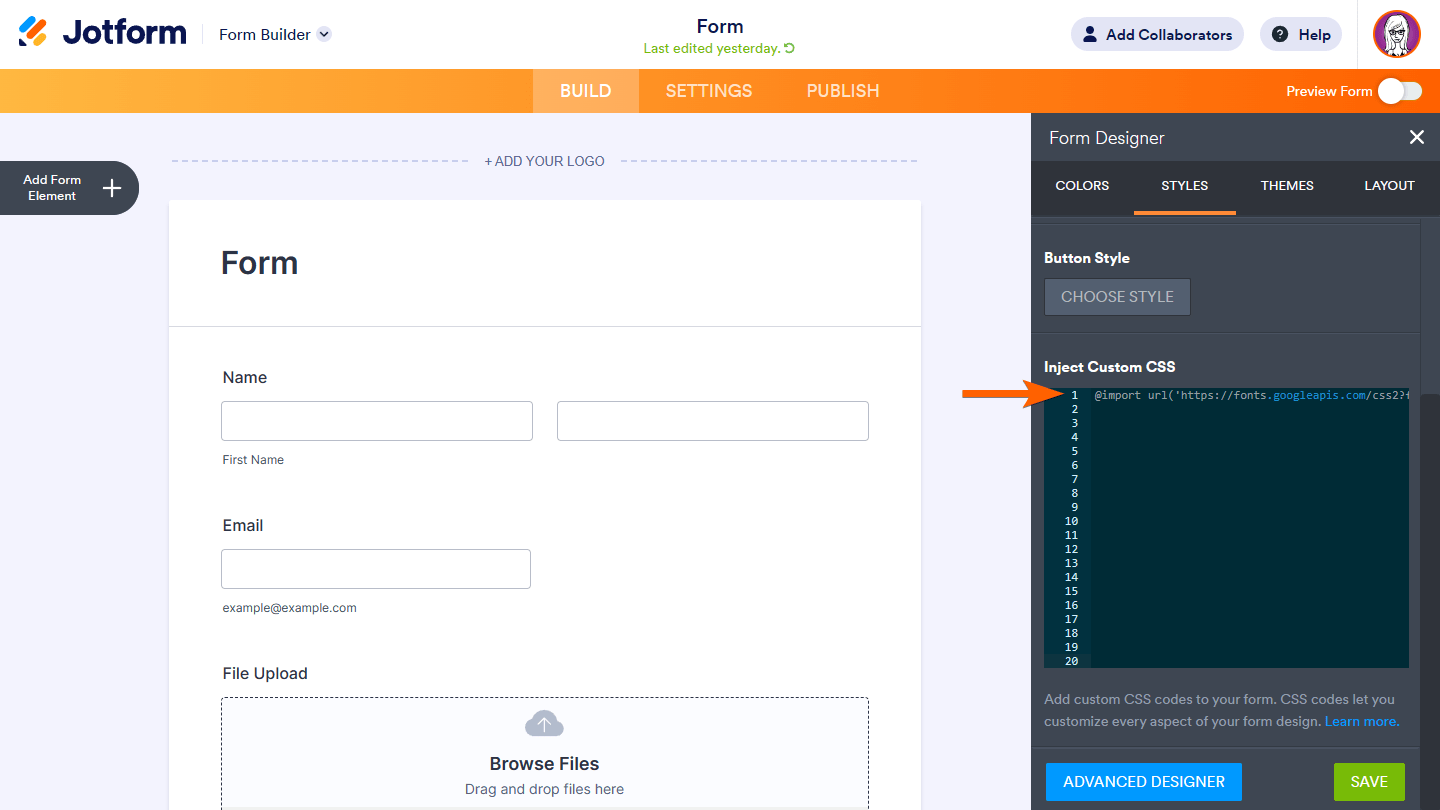 Jotform Form Builder interface showing the Styles tab in the Form Designer menu, with an arrow pointing to the first line of the Inject Custom CSS section