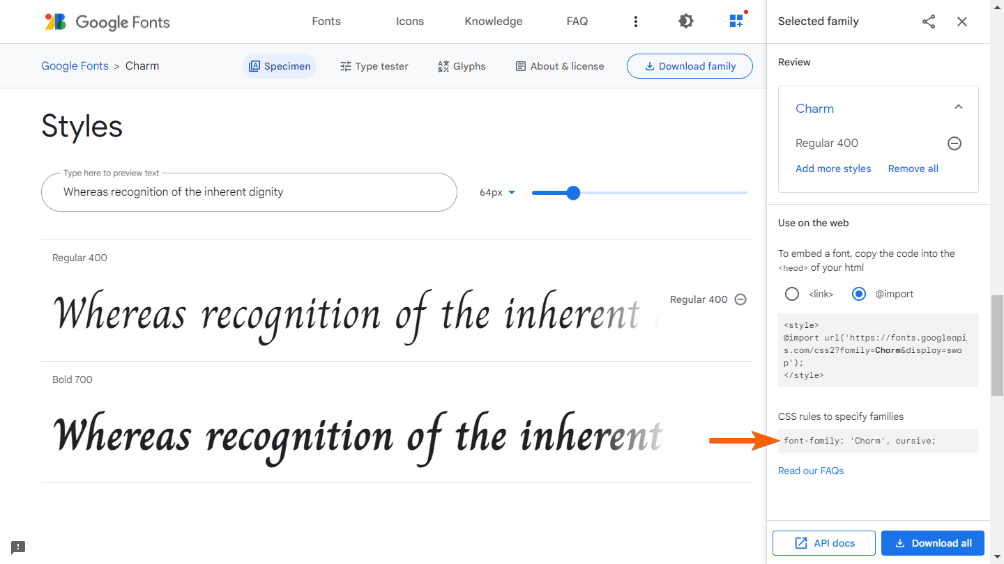 Google Fonts interface showing the Styles menu with an arrow pointing to the CSS rules to specify families section in the Selected family menu