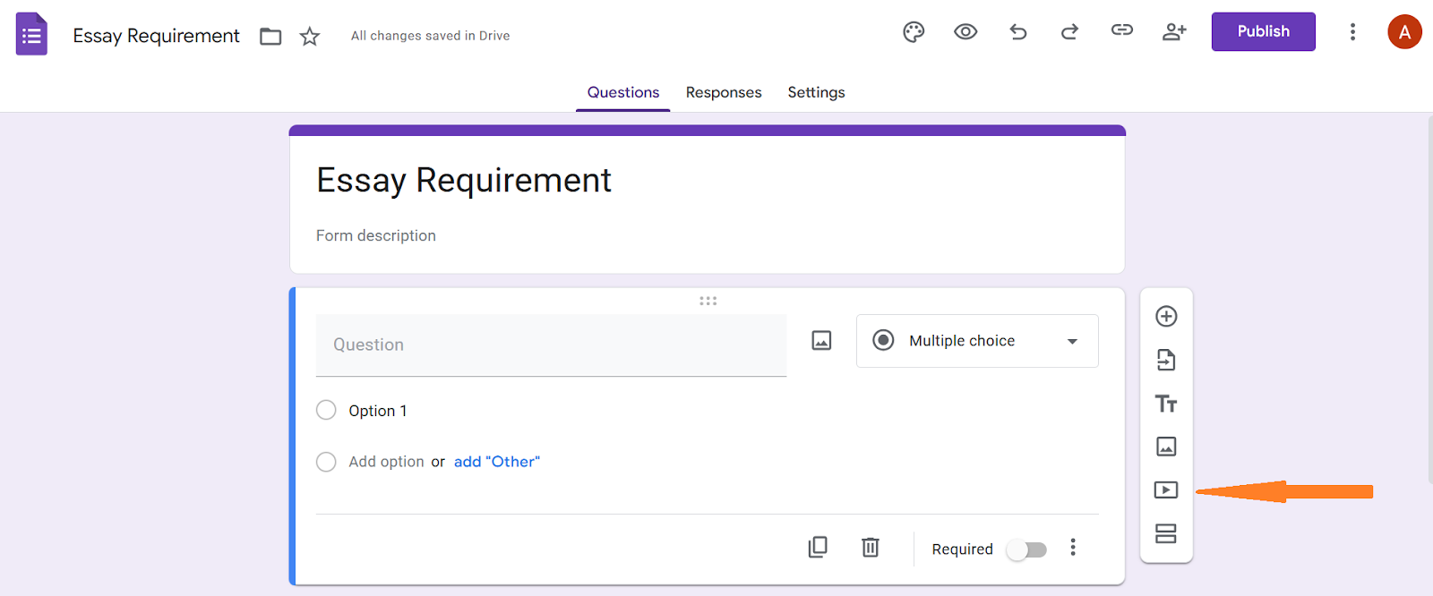 Google Forms interface showing the play button in the left-hand side tool bar