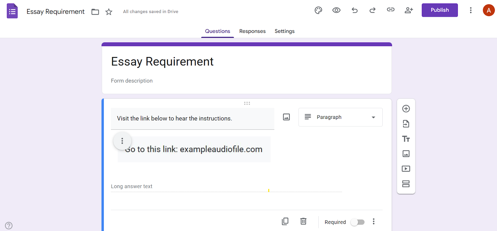 Google Forms interface showing an image with a URL