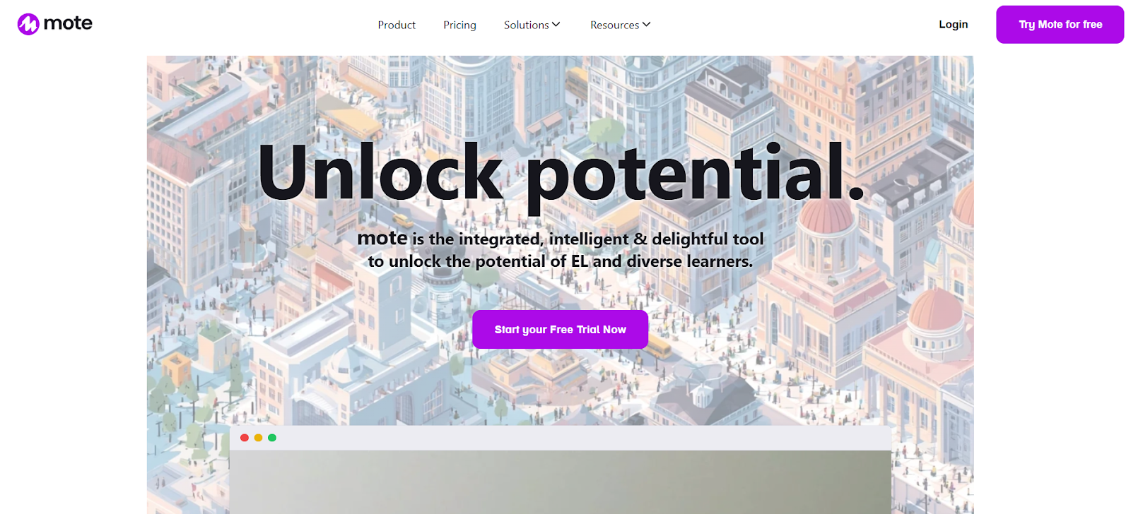 Mote website with the words: "Mote is the integrated, intelligent & delightful tool to unlock the potential of EL and diverse learners