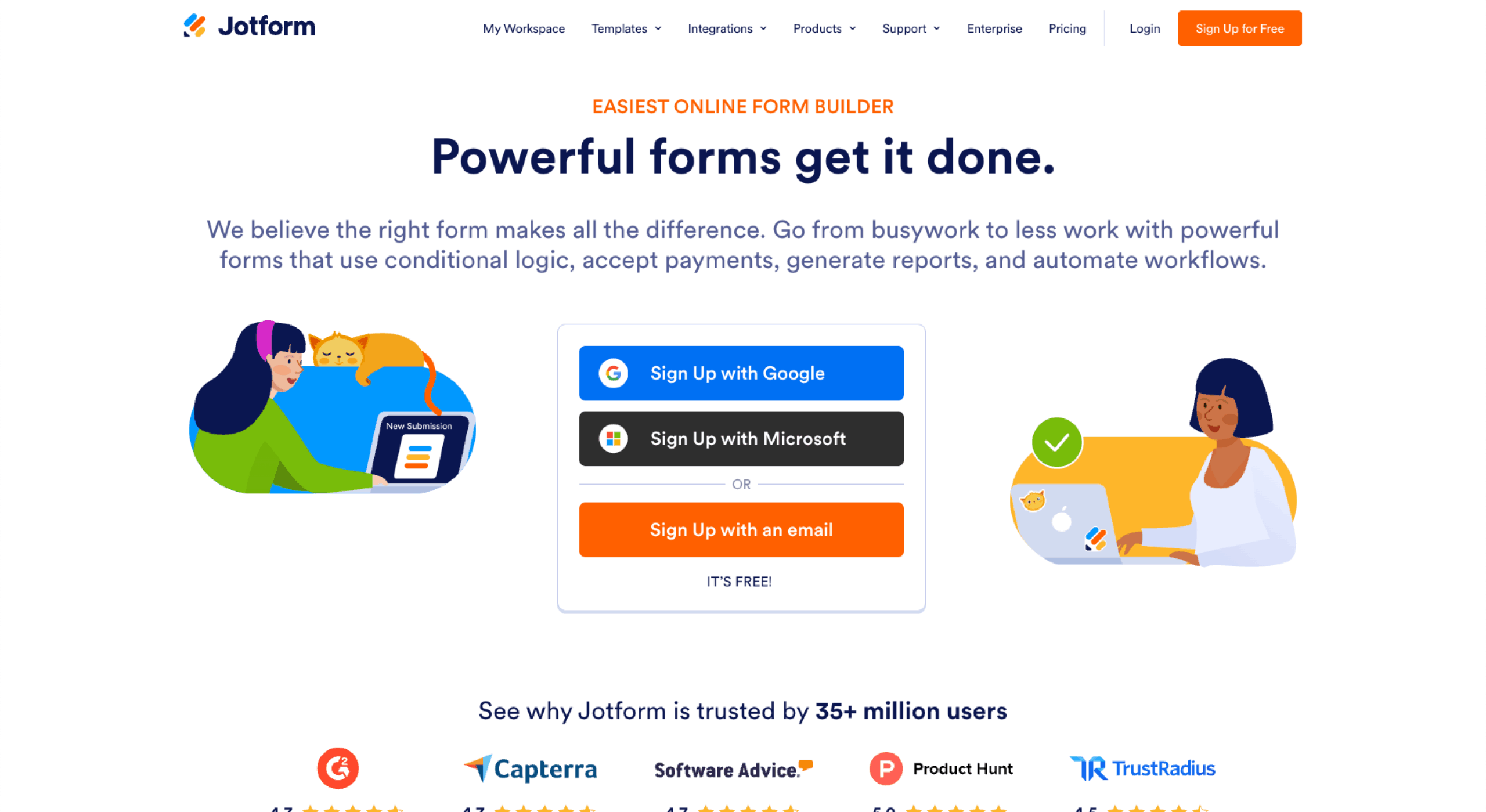 Jotform website with the words: "Easiest online form builder"