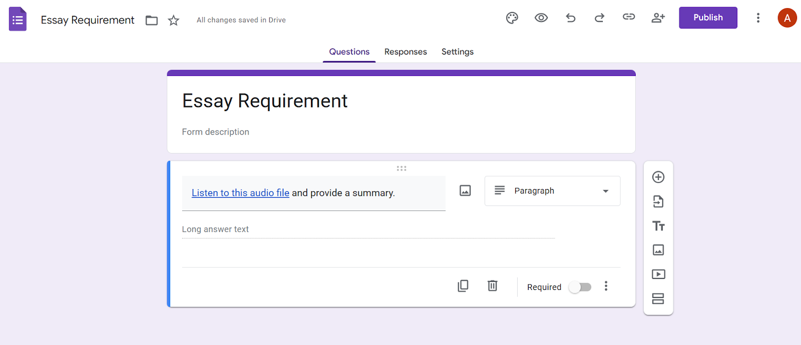 Google Forms interface showing the hyperlinked text: "Listen to this audio file and provide a summary