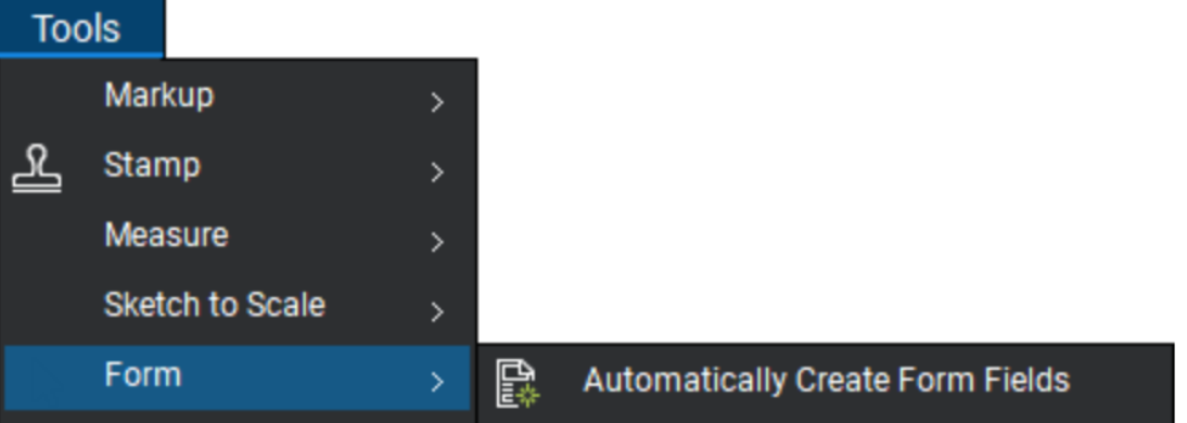 Bluebeam Revu interface showing the Tools > Form > Automatically Create Form Fields path