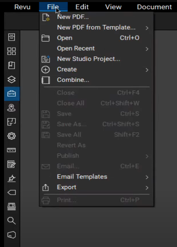 Bluebeam Revu interface showing the File menu