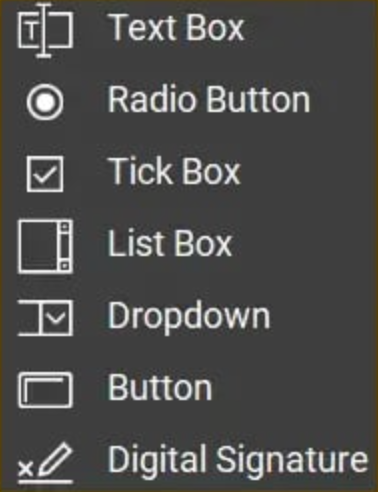 Bluebeam Revu interface showing the form field type options